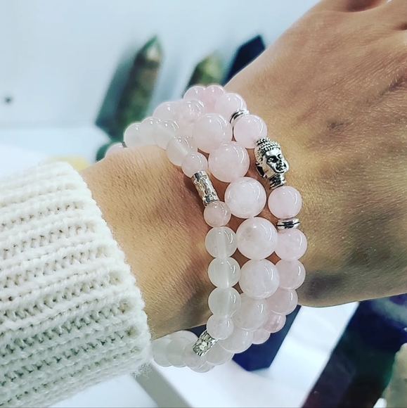 Stack Of 3 bracelets /Rose Quartz, Buddha charm 8 mm, 10 mm - Picture 2 of 3
